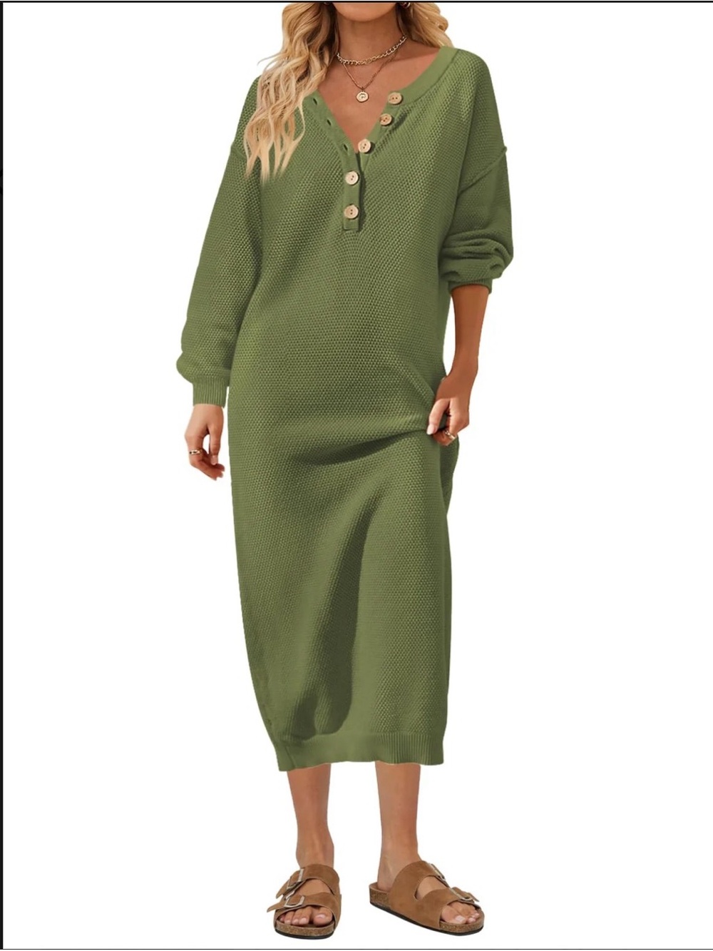 Olive Green V-Neck Button-Front Knit Maxi Dress